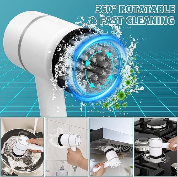 Plastic 5 in 1 Electric Magic Brushs Multifunctional Magic Brush with 5 Brush Heads Charging Cord for Home, Kitchen Tiles, Carpet Sink Wash Basin Bath Shower ((White))