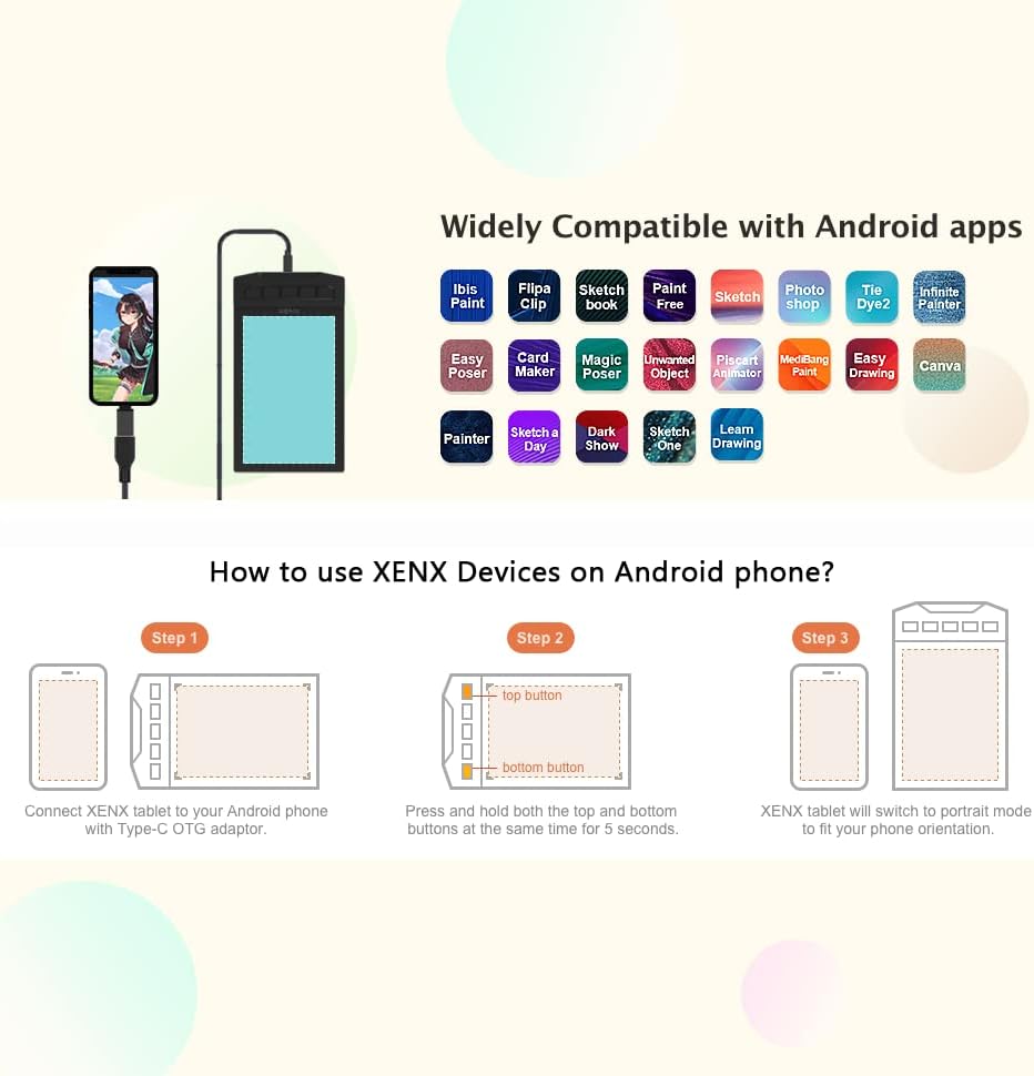 XENX Drawing Tablet Made from ABS Material, Featuring 8192 Pressure Sensitivity Levels, a Pen Resolution of 5080 LPI, a Reporting Rate of 266 PPS, Two Buttons, No Battery Required
