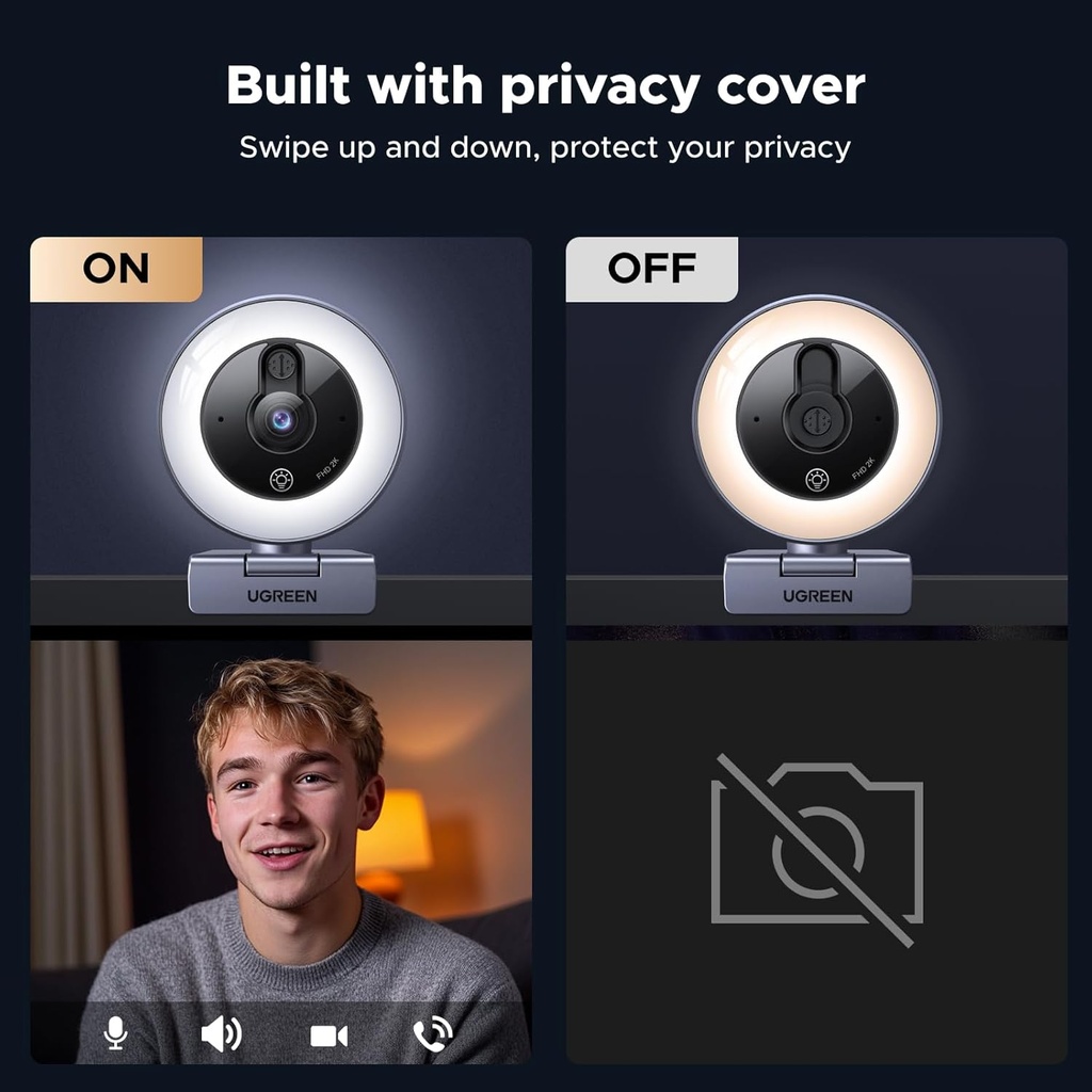 UGREEN 2K Webcam with 4-Level Ring Light
