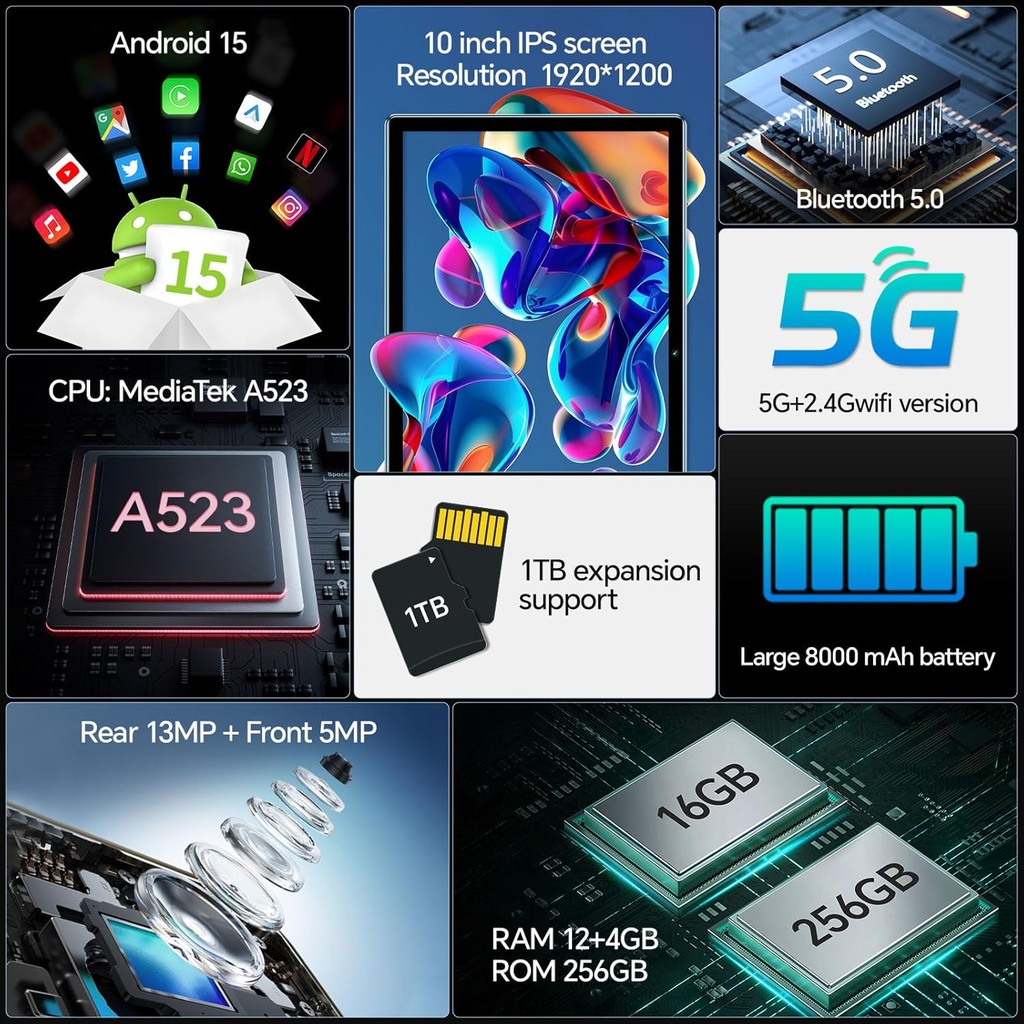 MIYOKIMIRO Andriod 15 Tablet with 10.1inch display 