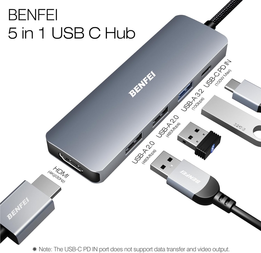 BENFEI USB C Hub 5-in-1 with 4K HDMI(Certified), 100W Power Delivery, 3 USB-A, Silicone Cable