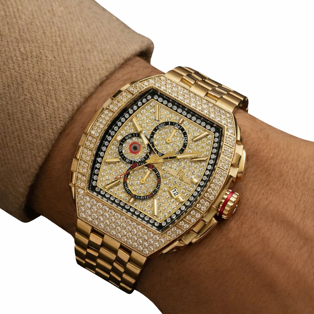Giorgio Milano Chronograph IP gold stainless steel stones bezel pave stone dial with black rubber strap MAESTRO 245SG03M