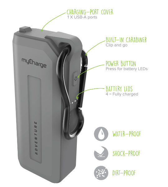 myCharge Portable Charger Waterproof USB C Power Bank Adventure, Rugged Outdoor External Battery Pack Backup (3,350 mAh) (Grey)