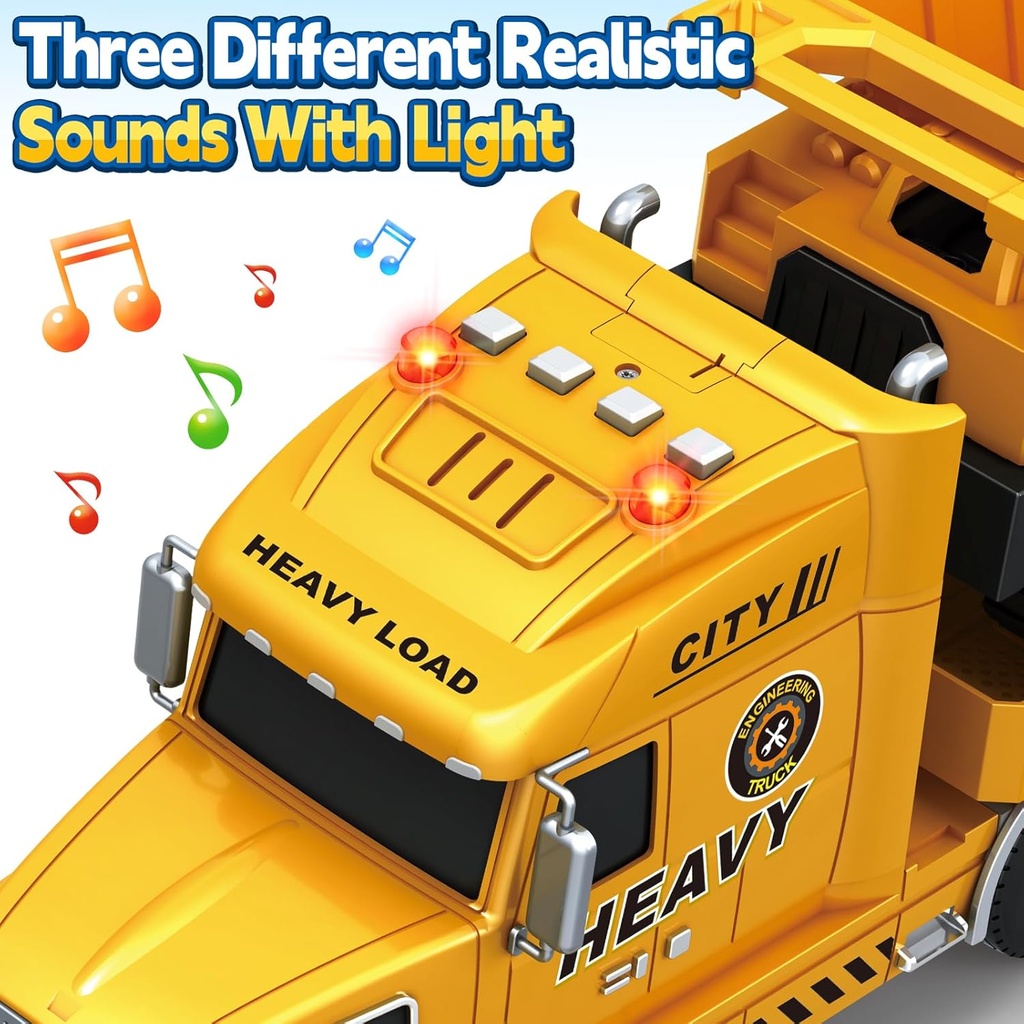 Semi Construction Carrier Truck Toy with Excavator and Dump Truck, Friction Powered Toys with Lights and Sounds,