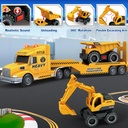 Semi Construction Carrier Truck Toy with Excavator and Dump Truck, Friction Powered Toys with Lights and Sounds,