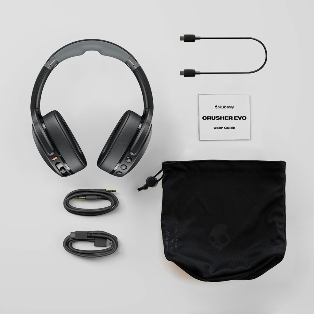 Skullcandy Crusher Evo Wireless Bluetooth Headphones with Multi-Sensory Bass and Charging Cable, Noise Isolating Over-Ear Fit, Up to 40 Hours Battery, Microphone for iPhone Android - True Black