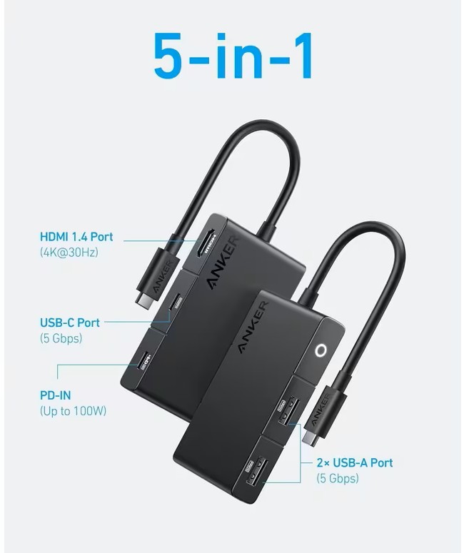 Anker USB C Hub, 5-in-1 USBC to HDMI Splitter with 4K Display