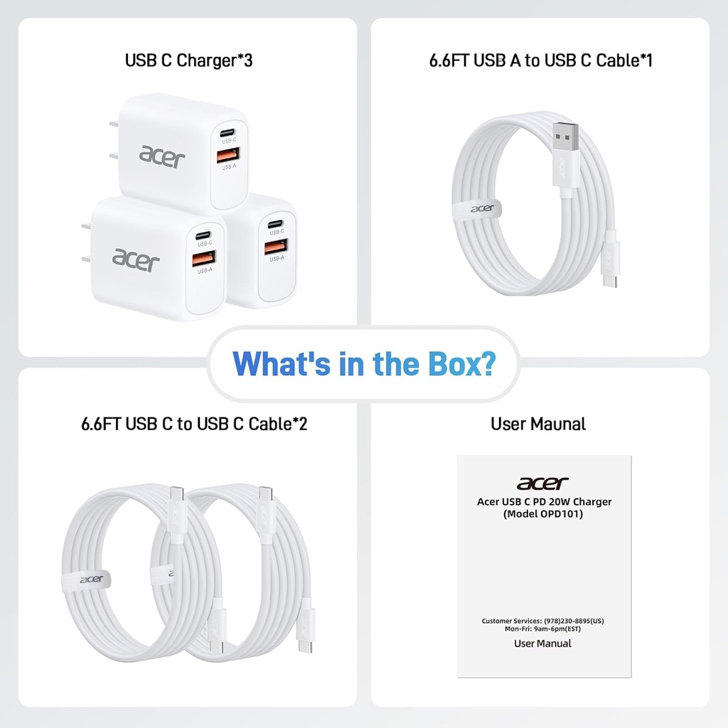 Acer USB C PD 20W Charger 3XUSB C CHARGER & 3XCABLE
