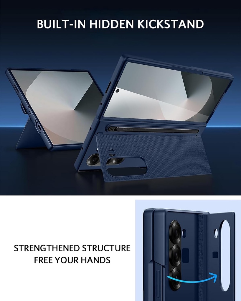 NINKI Z Fold 6 Case with S Pen Holder, Hidden Kickstand with Tempered Glass Screen Protector, Blue