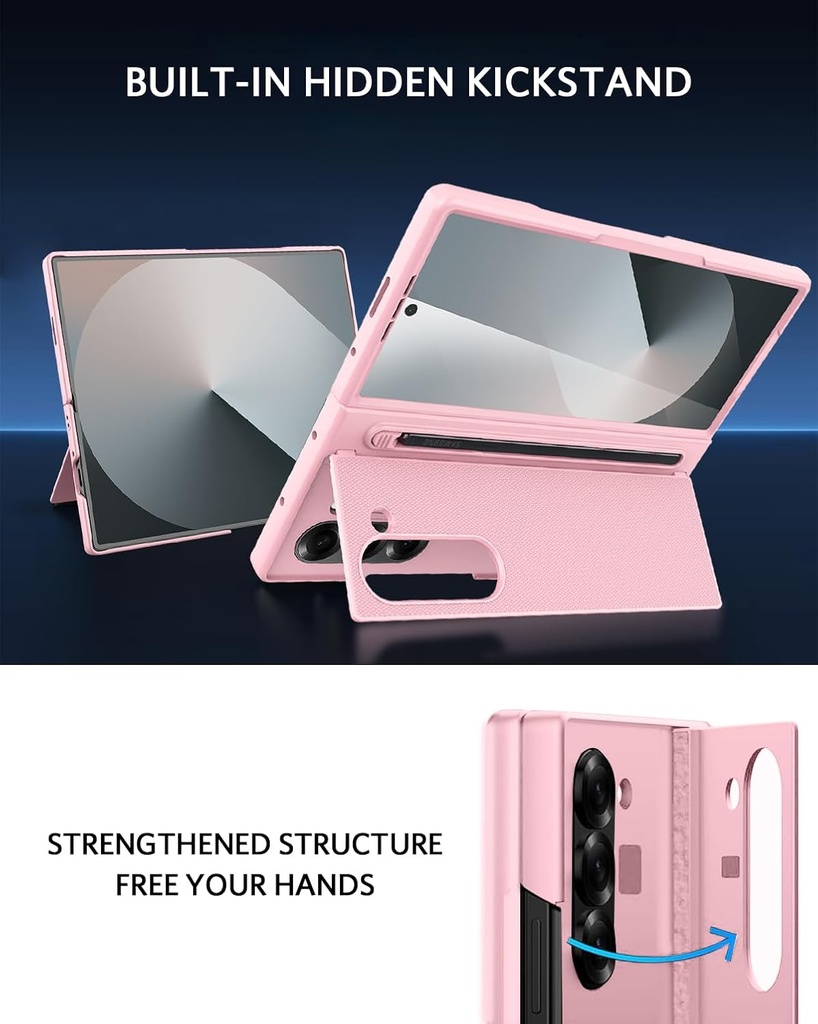 NINKI Samsung Galaxy Z Fold 6 Case with S Pen Holder with Hidden Stand & Screen Protector – Pink