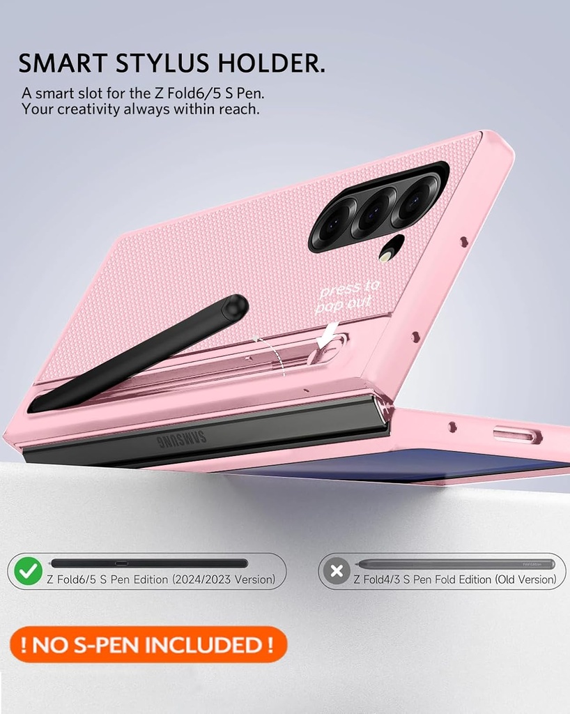 NINKI Samsung Galaxy Z Fold 6 Case with S Pen Holder with Hidden Stand & Screen Protector – Pink