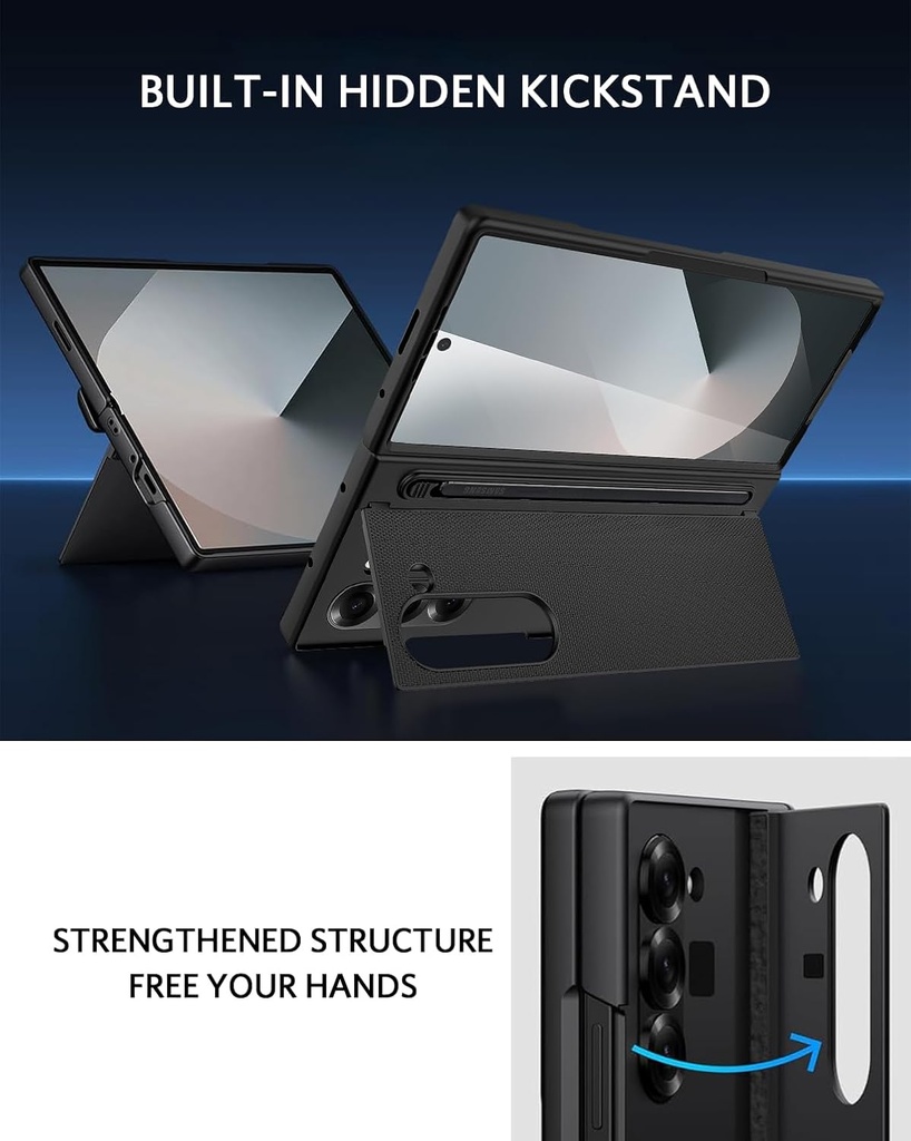 NINKI Samsung Z Fold 6 Case with S Pen Holder and Foldable Kickstand, Built in Screen Protector Protective-Black