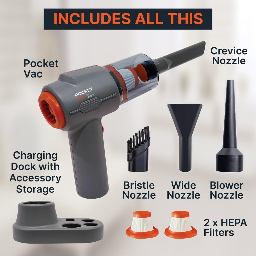 Pocket Vac PRO Handheld Vacuum and Docking Station, Compact Wireless Vacuum Cleaner
