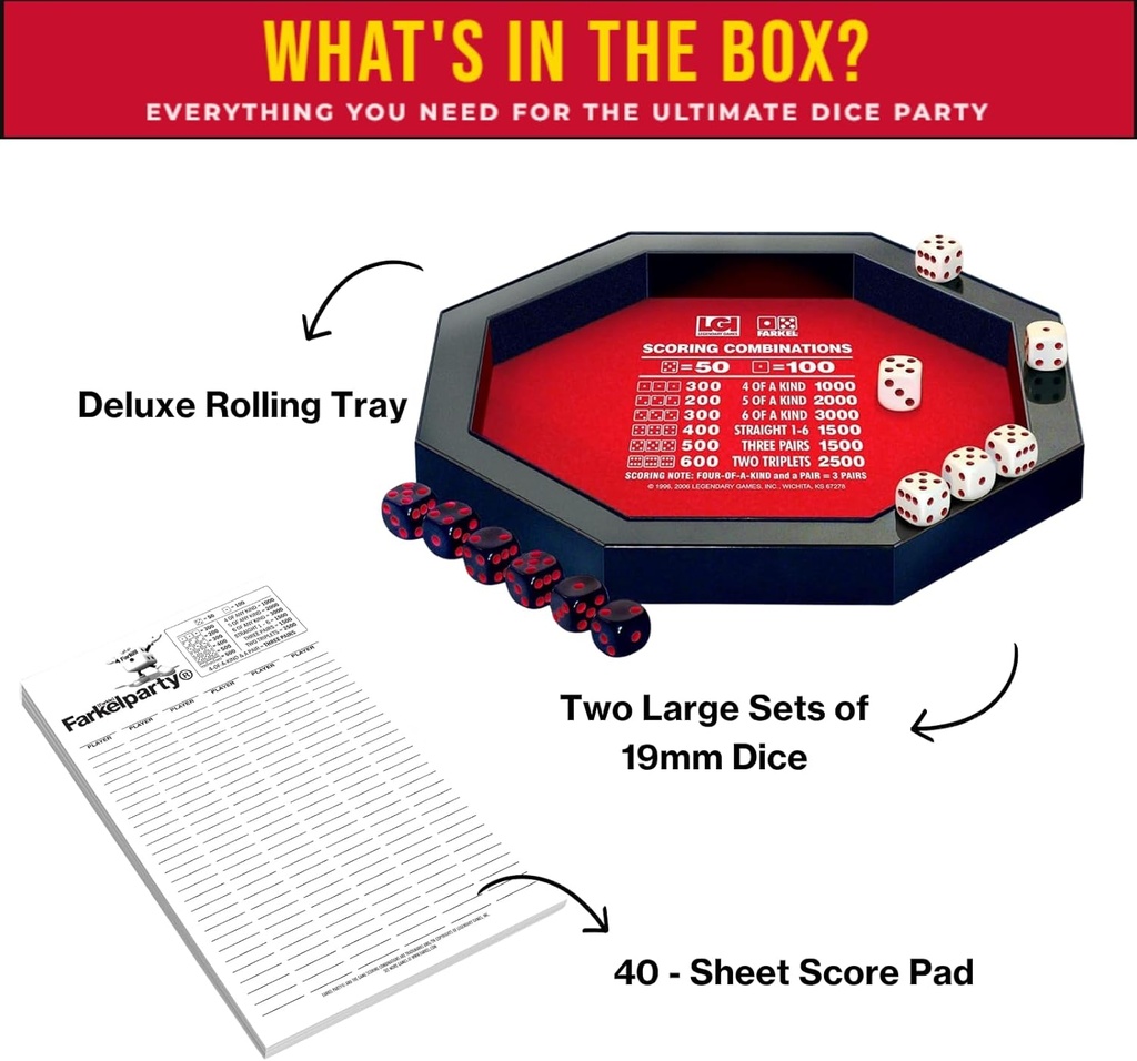 Farkel Game Set with Deluxe Dice Rolling Tray, Built-in Dice-Collection Channel, 2 Sets of Dice, 40-Sheet Scorepad, Classic Family Game