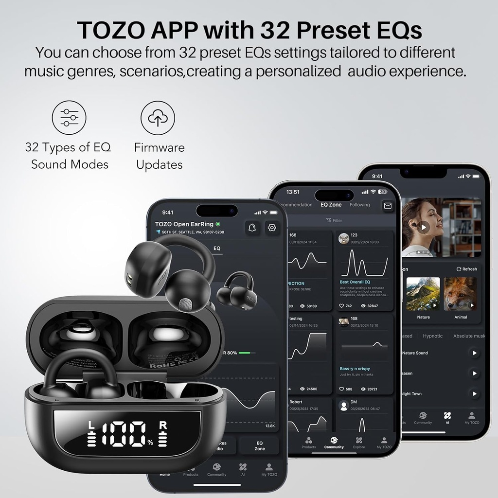 TOZO Open EarRing True Lightweight wireless Earbuds , Black 