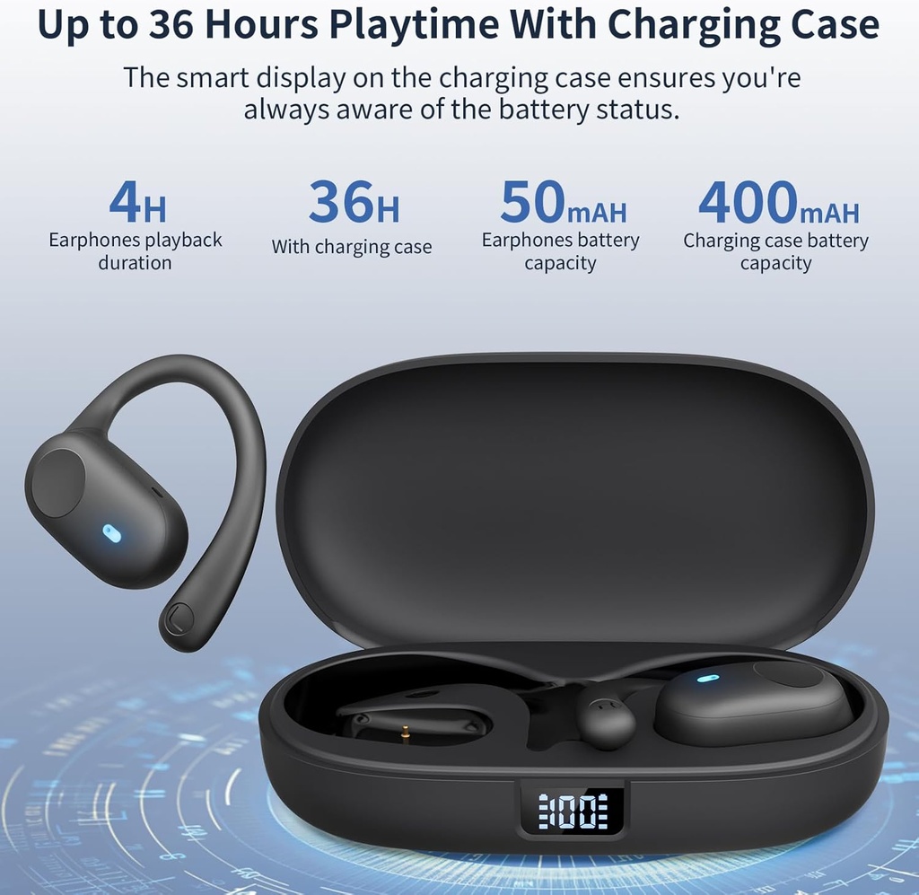 X18 Open Ear Headphones ,wireless Earbuds 5.3 Sports with Smart Digital Display, 36H Playtime, IP54 Waterproof, Black