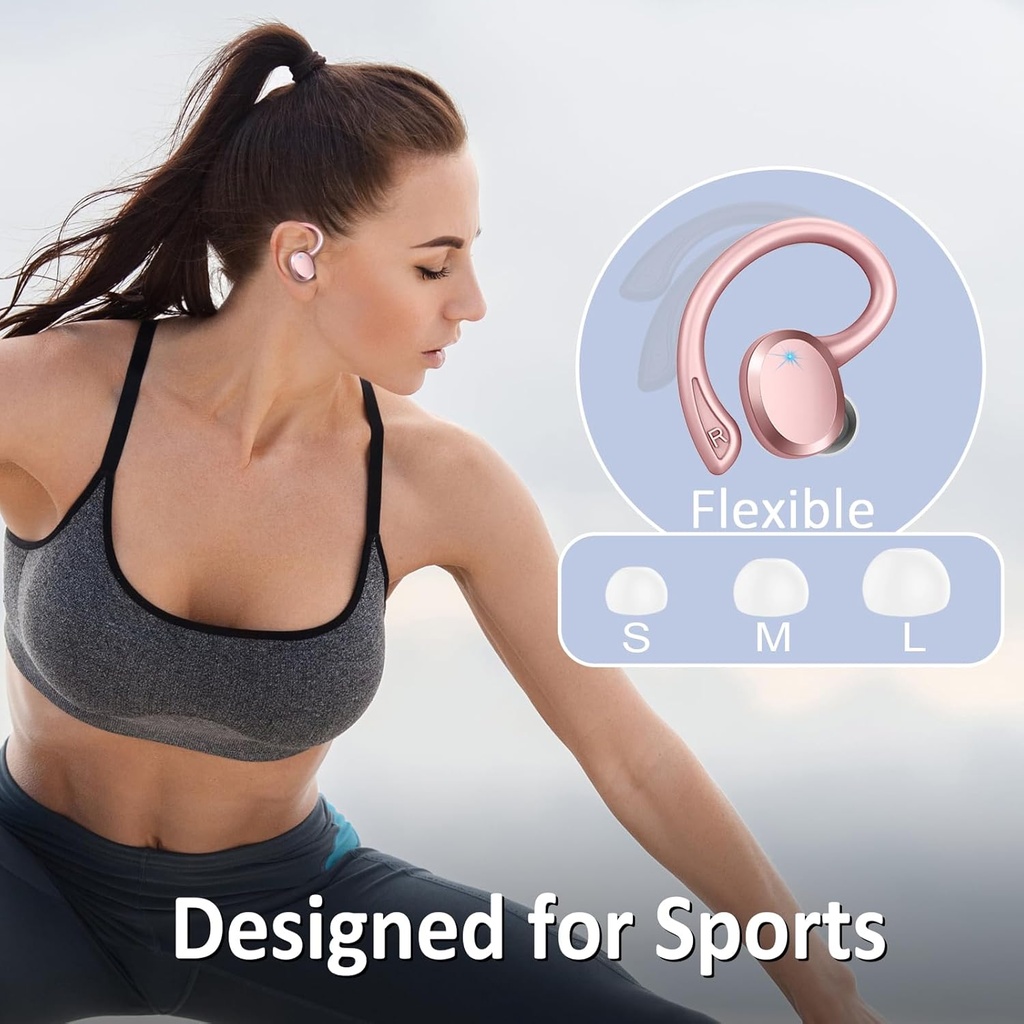PEFUPEW Wireless Earbuds, Over Ear Buds With ENC Noise Cancelling Mic, 48H,  Earhooks, Stereo Deep Bass, IP7 Waterproof for Workout, Rose Gold