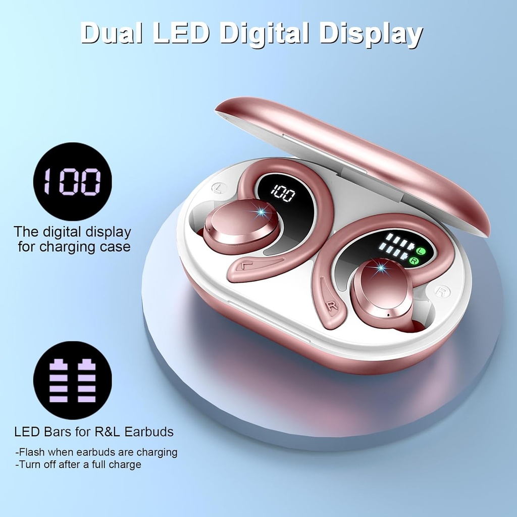 PEFUPEW Wireless Earbuds, Over Ear Buds With ENC Noise Cancelling Mic, 48H,  Earhooks, Stereo Deep Bass, IP7 Waterproof for Workout, Rose Gold