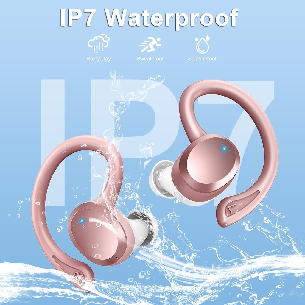 PEFUPEW Wireless Earbuds, Over Ear Buds With ENC Noise Cancelling Mic, 48H,  Earhooks, Stereo Deep Bass, IP7 Waterproof for Workout, Rose Gold