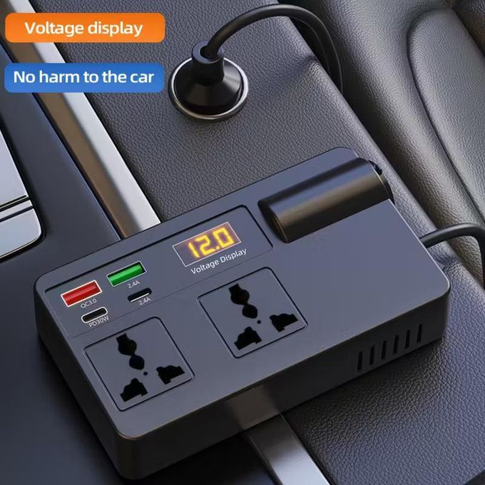 200W Car Power Inverter with 4 USB Ports, 110V AC Car Plug Adapter, Fast Charger 12V DC to AC Converter, Type-C