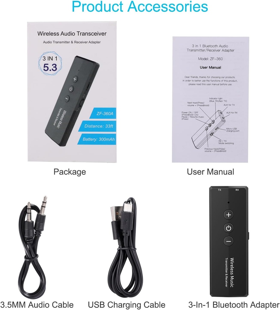 3 IN 1 Portable Transmitter wireless Rechargeable Transceiver Adapter for tv ,pc,car