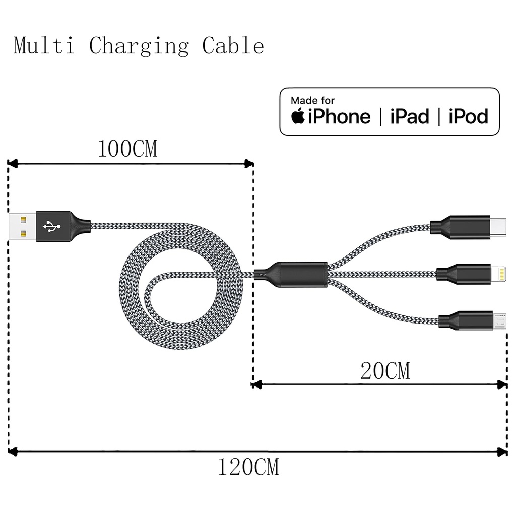 3 in 1 Charging Cable 4ft 3Pack USB , Multiple Rapid Nylon Braided Cable USB Charging Cable Multi Phone Charger Cord with Type C Micro Lightning USB Connectors for Cell Phones