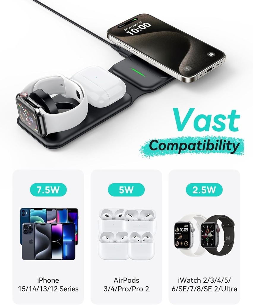 INIU 3 in 1 Charging Station Multiple Devices for Apple, 15W Magnetic Foldable Travel Wireless Charger for iPhone 16 pro max 15 14 13 12 Series, 