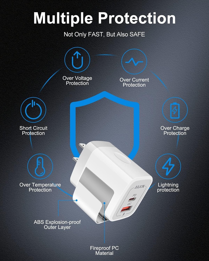 AILKIN Dual Port USB-C & USB-A Wall Plug-in  Charger