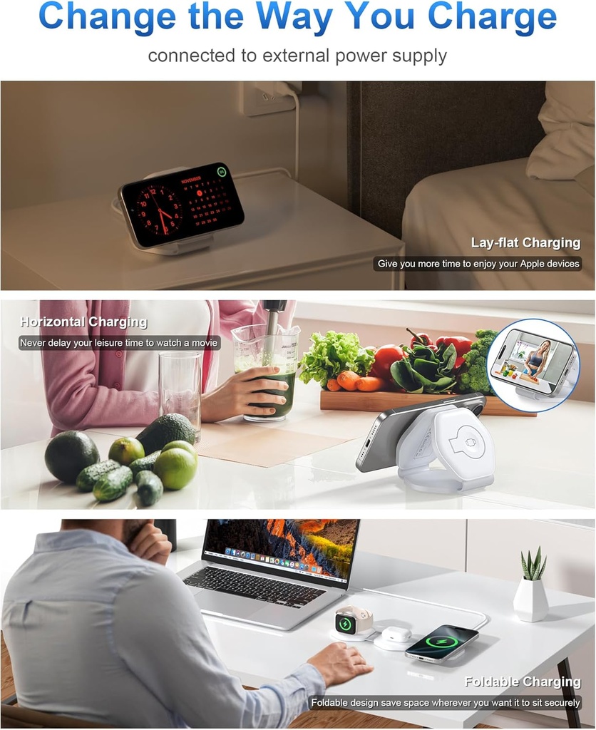 3 in 1 Charging Station for Apple Devices - Foldable Magnetic Wireless Travel Charger Multiple Devices - Travel Charging Pad for MagSafe iPhone 