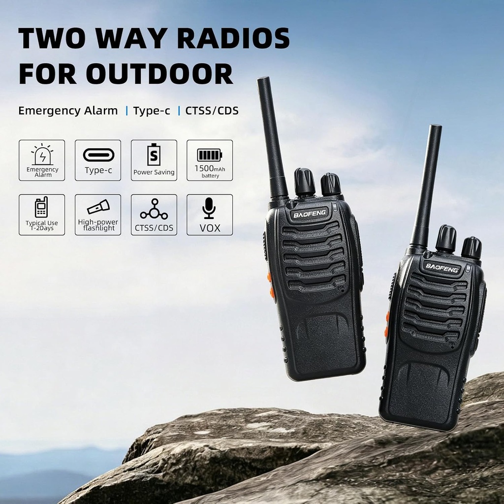 Baofeng 4set Walkie Talkies Long Range with Earpieces, 16 Channel Walkie Talkie Rechargeable Handheld Two Way Radios