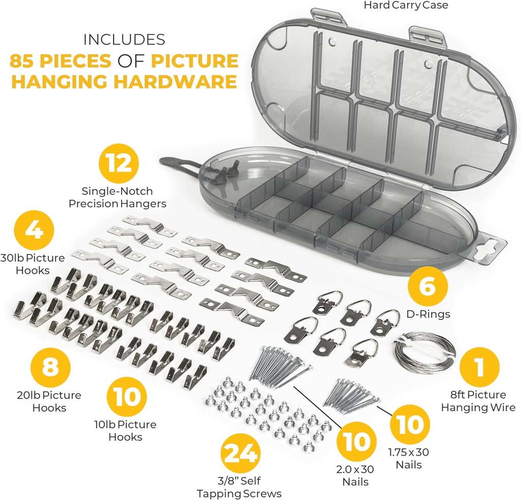 VEAMOR All-in-One Picture Hanging Kit - with Calibration Function and Picture Hanging Tool to Hang it Perfect -Hardware Case +105 Pcs Hanging Hardware-Zero Measurement with The Hanging Tool Kit.