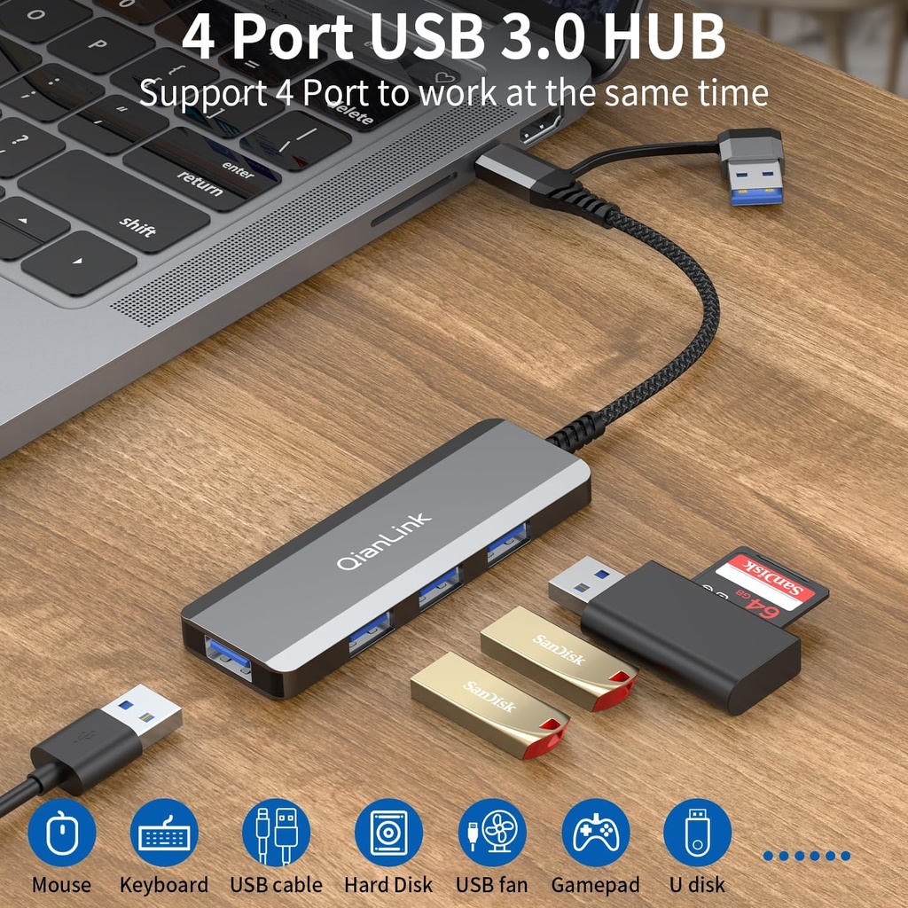 USB C to USB Hub 4 Ports,Type C to USB 3.0 Hub with a USB C to USB Adapter,USB 3.0 Hub Multi Port Expander for MacBook Pro,iPad Pro,Chromebook,Pixelbook,Dell,Samsung Galaxy,iPhone 15 16 17 Pro Max