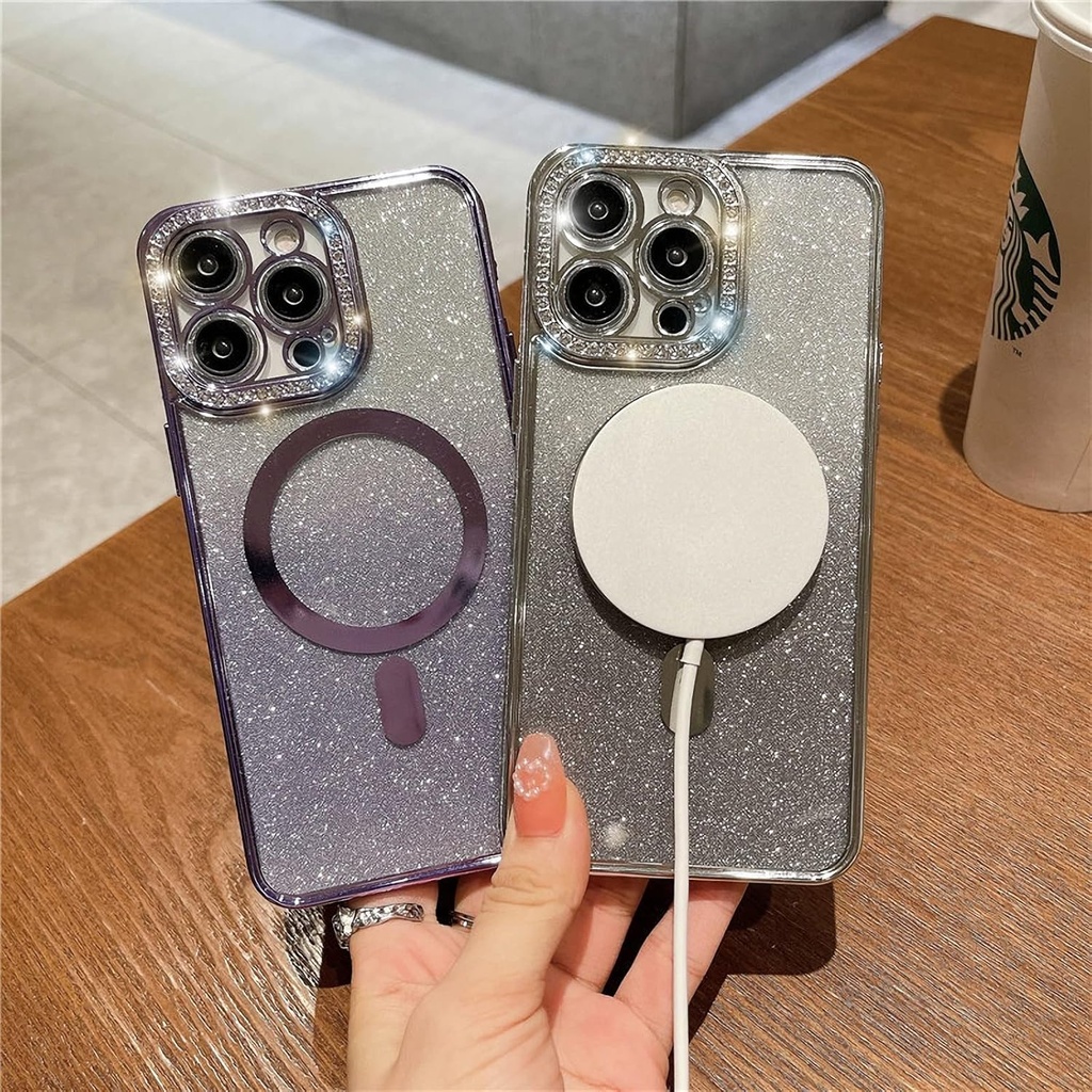 YTanazing iPhone 14 Pro Magnetic Glitter Case with Luxury Bling Rhinestone Diamond Full Camera Protector 