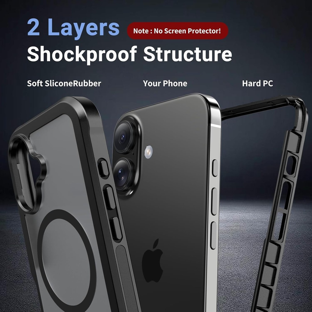 Magnetic for iPhone 16 Case, [Compatible with MagSafe][Military Grade Drop Protection][Heavy Duty Protection][Non-Slip][Shockproof] 2-Layer Durable Bumper Phone Case 6.1''-Black