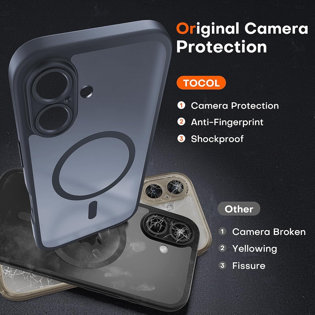 TOCOL for iPhone 16 Plus Case, Compatible with MagSafe, Full Camera Protection Shockproof Military-Grade Magnetic Translucent Matte Back Bumper Phone 16 Plus Cover 6.7-inch（Black）
