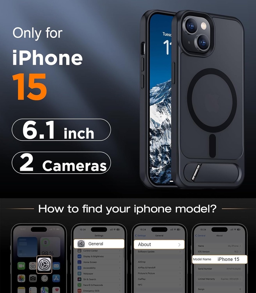 Temdan iPhone 15 Case, [Built-in Invisible Kickstand]