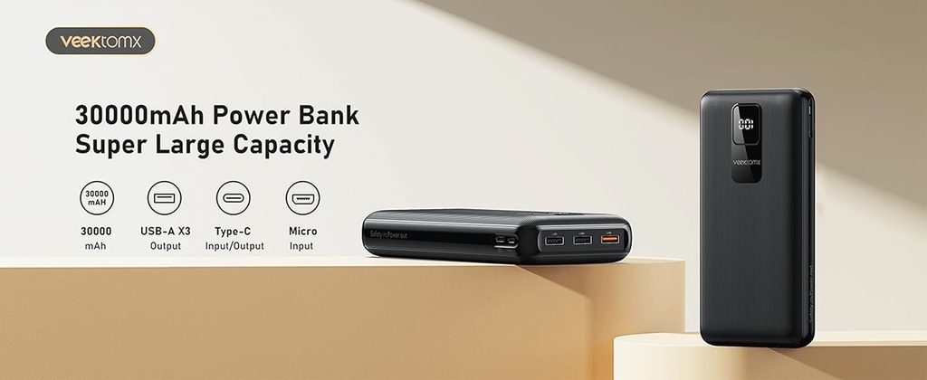 VEEKTOMX Portable Charger 30000mAh Power Bank Fast Charging with PD&QC USB C, 4 USB Outputs Battery Pack Backup with LED Display Compatible with iPhone 15/14/13/12/11 Pro iPad Android Samsung LG 