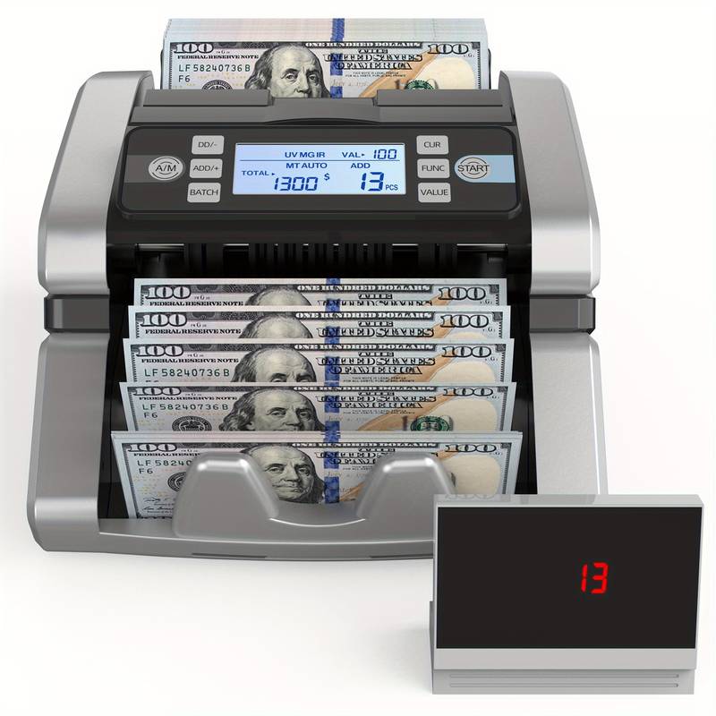 Money Counter Machine with Value Bill Count, UV/MG/IR/MT/DD Counterfeit Detection for Dollar Euro Cash, Bill Counter Machine with Count/Add/Batch/Auto Modes, External LCD Display, Office Supplies