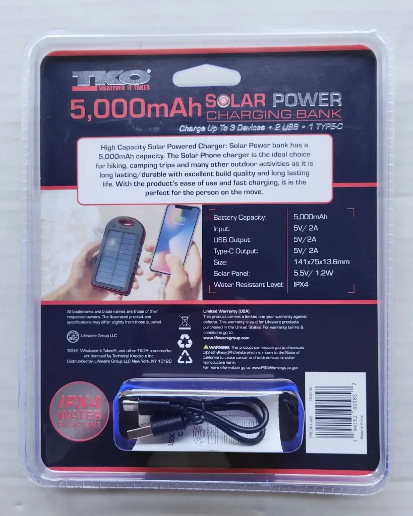 TKO Solar Power Charging Bank 5,000mAh