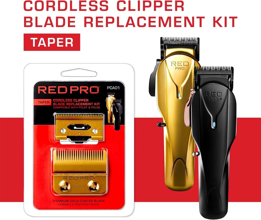 RED Pro Professional Blade Replacement Kit for Cordless Hair Clipper, 2 Hole Detachable Replacement Blades, Durable Titanium Gold Coated Blades (Taper Gold)