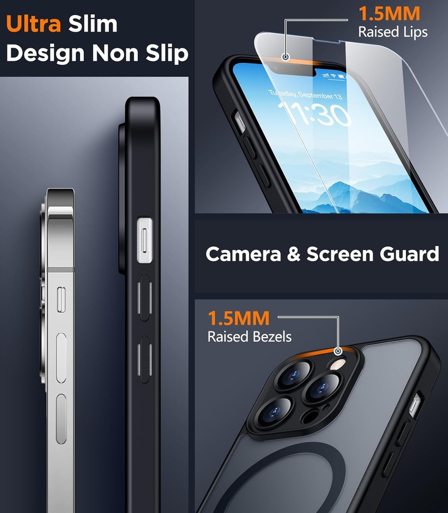 SPIDERCASE Designed for iPhone 13 Pro Max Case, Magnetic Translucent with 2PCS Tempered Glass Screen Protector [Full Camera Protection] Anti-Fingerprint Phone Case for iPhone 13 Pro Max 6.7'',Black
