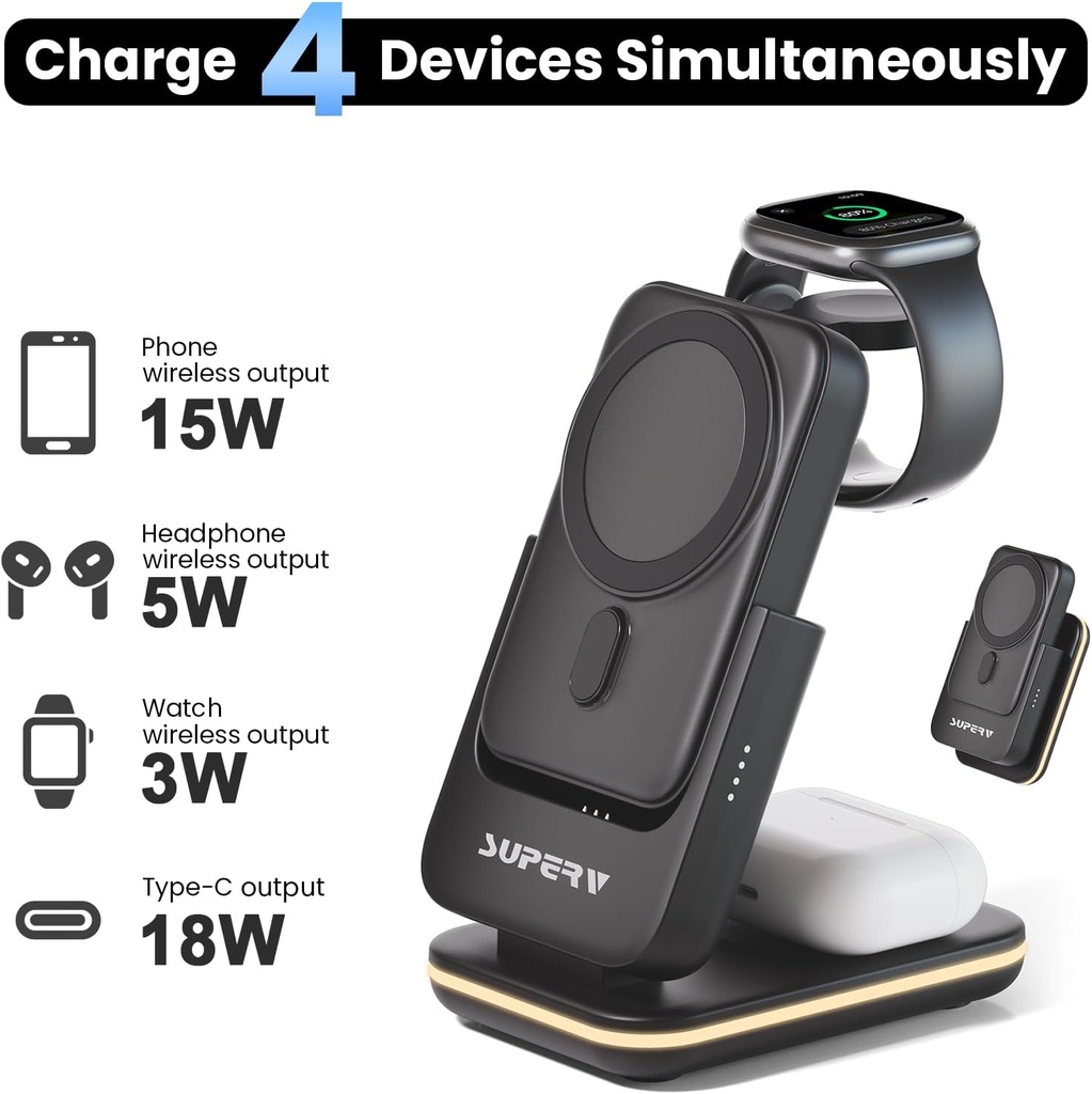 Merkury 4 in 1 Wireless Charging Station: 5000mAh Removable Power Bank Foldable Charging Stand - 