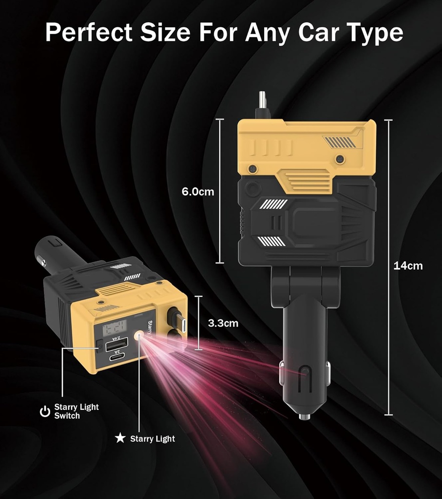 4 in 1 Retractable Car Charger, 120W Car Charger USB C Fast Charge with 2 Cables  yellow