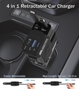 4 in 1 Retractable Car Charger, 120W Car Charger USB C Fast Charge with 2 Cables  black