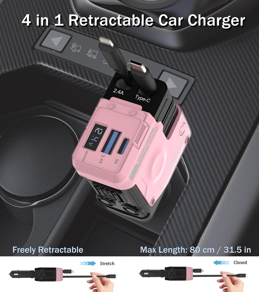 4 in 1 Retractable Car Charger, 120W Car Charger USB C Fast Charge with 2 Cables  Pink