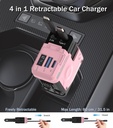 4 in 1 Retractable Car Charger, 120W Car Charger USB C Fast Charge with 2 Cables  Pink