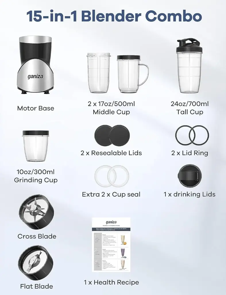Ganiza Smoothie Blender 900W | 15-Piece Personal Blender Grinder 