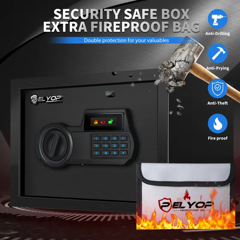 Fireproof Safe Box with Backlit Keypad, Display Screen & LED Light - Key Lock Security . Portable 