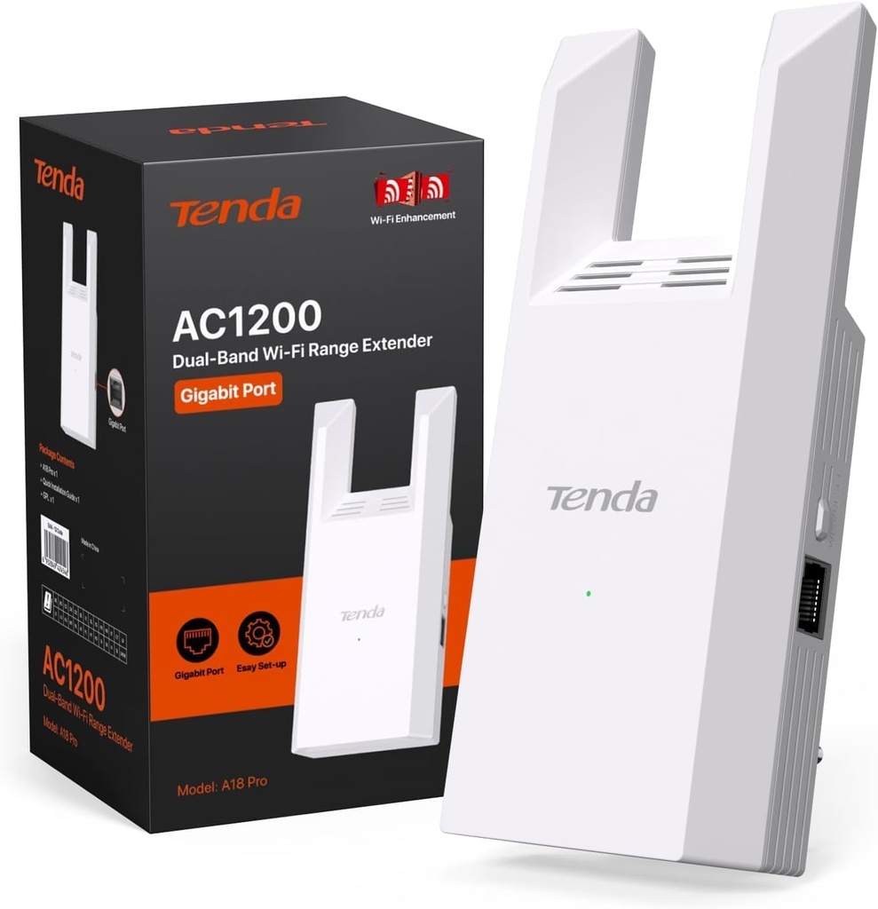 Tenda WiFi Range Extender AC1200 - WiFi Extender with Gigabit Ethernet Port, 1.2Gbps Home Signal Booster, Dual Band, Up to 1600 Sq & 32 Devices (A18Pro)