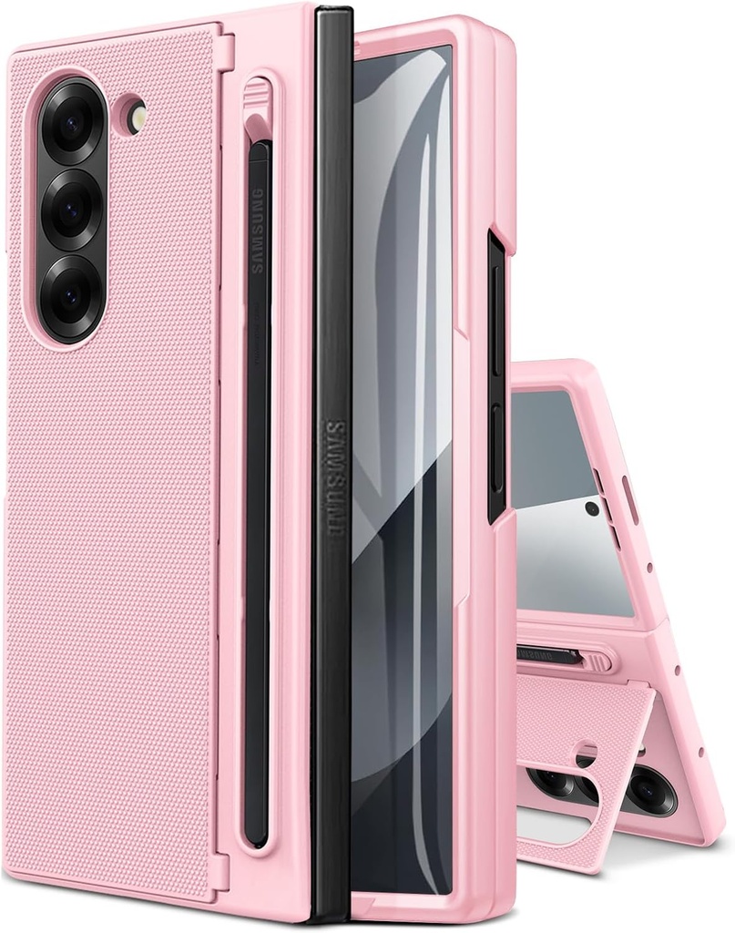 NINKI Samsung Galaxy Z Fold 6 Case with S Pen Holder with Hidden Stand & Screen Protector – Pink